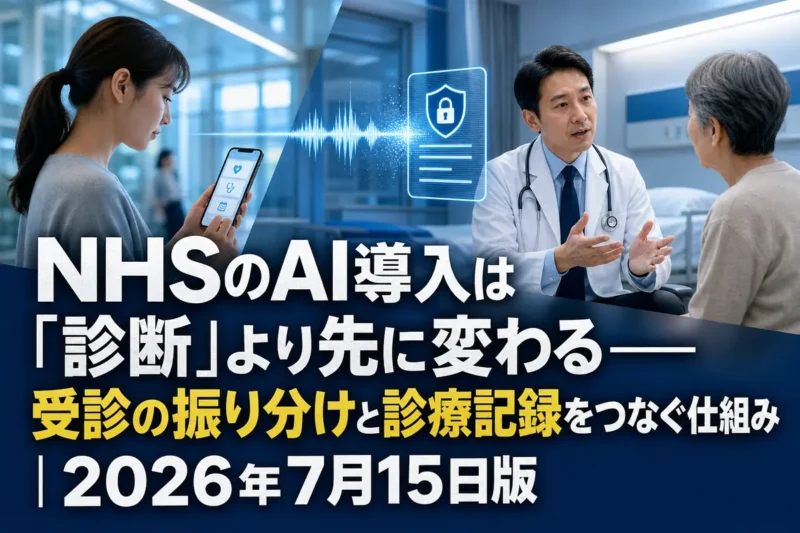AIが受診案内と診療記録を支援する医療現場のイメージ。