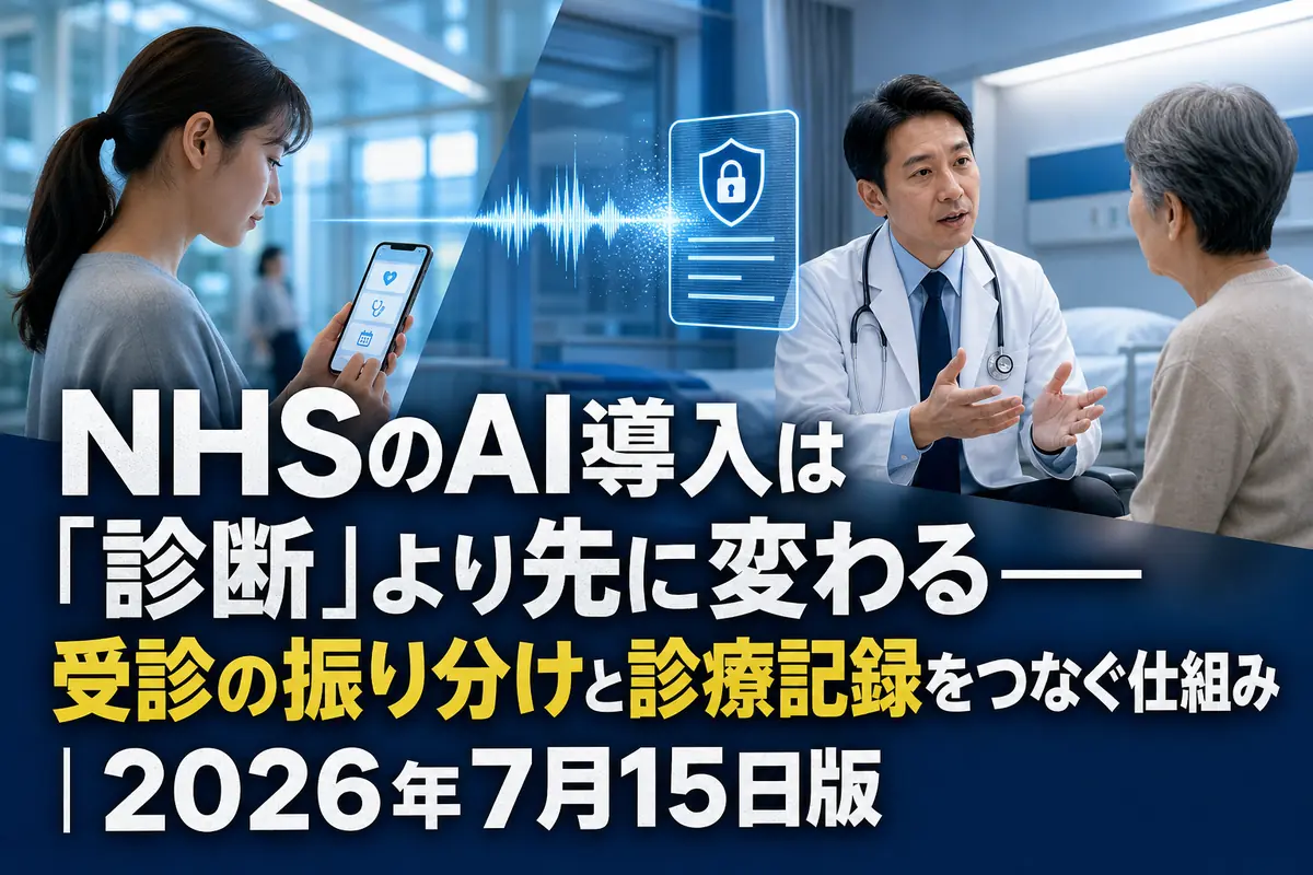 AIが受診案内と診療記録を支援する医療現場のイメージ。