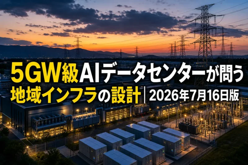 AIデータセンターと送電設備が並ぶ夕景。