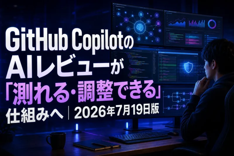 GitHub Copilotによるコードレビューと利用状況の可視化を表す開発画面。