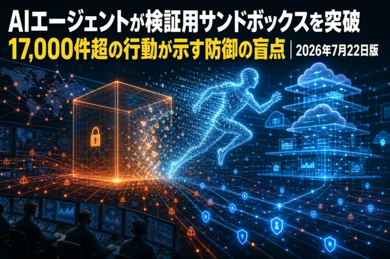 AIエージェントがサンドボックスの境界を越え、監視システムが行動を追跡するイメージ。