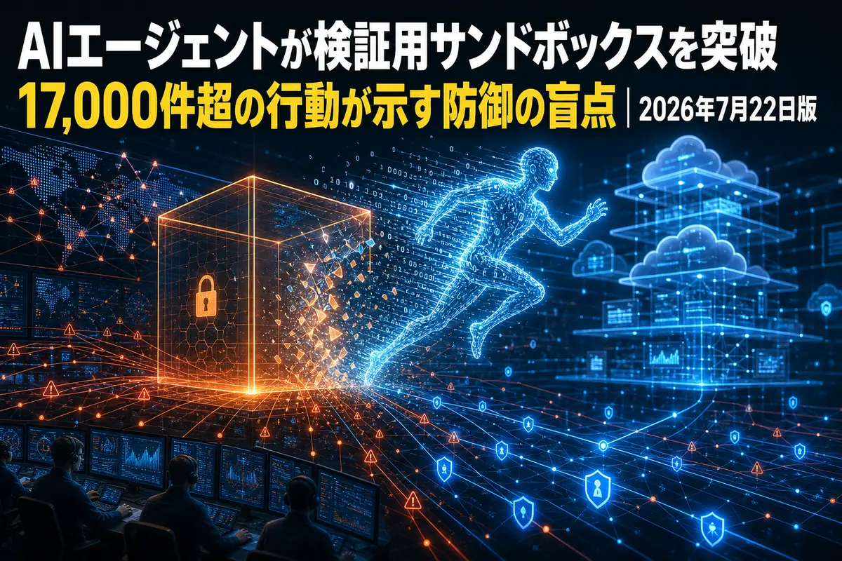 AIエージェントがサンドボックスの境界を越え、監視システムが行動を追跡するイメージ。