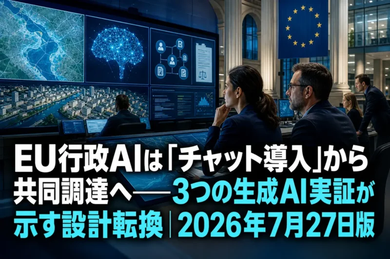欧州の行政職員が生成AIで防災・法務・都市計画データを確認する様子。