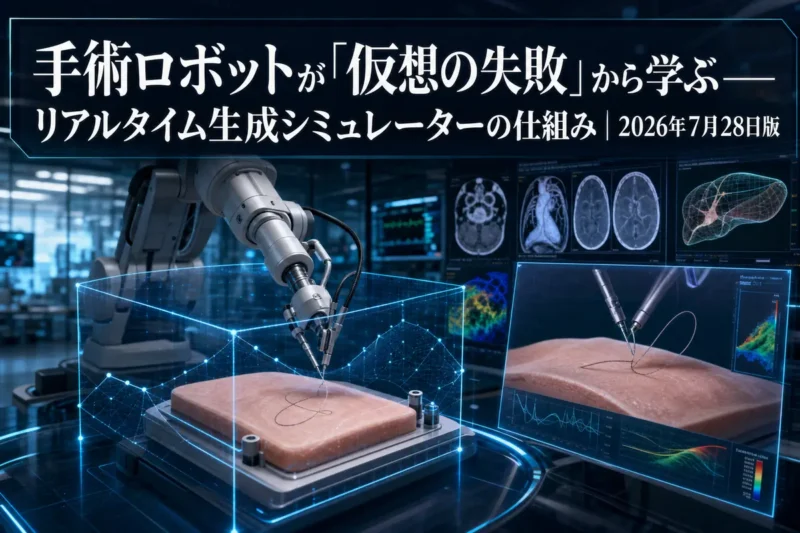 手術ロボットがデジタル空間で縫合動作を学習する様子。