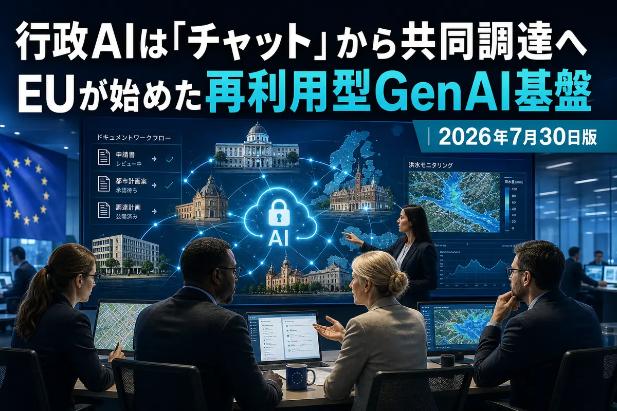 欧州の行政機関が共通の生成AI基盤を共同運用するイメージ。
