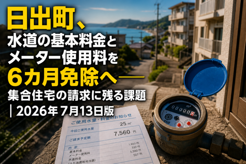 日出町の水道料金免除をイメージした水道メーターと住宅。