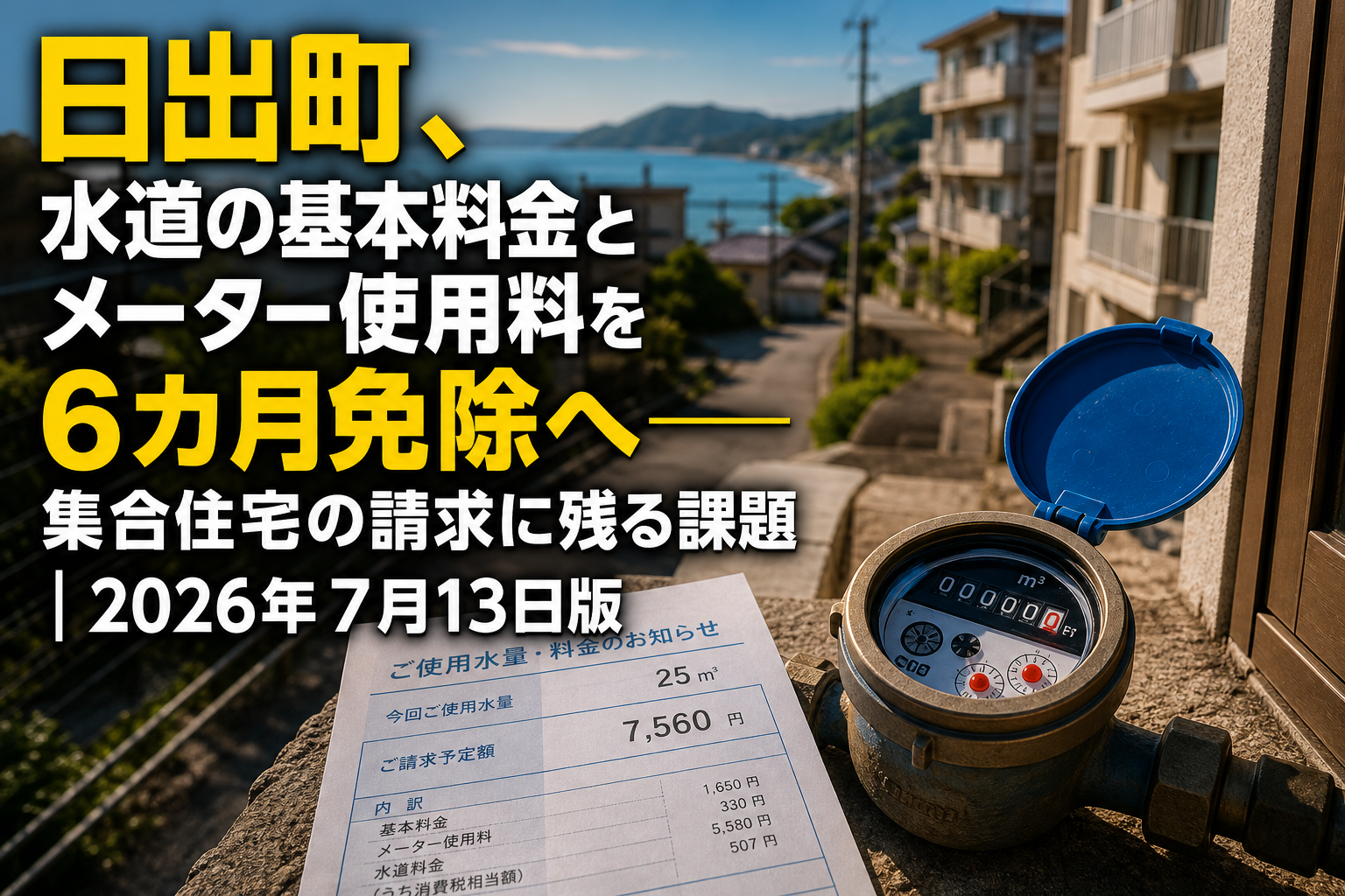 日出町の水道料金免除をイメージした水道メーターと住宅。