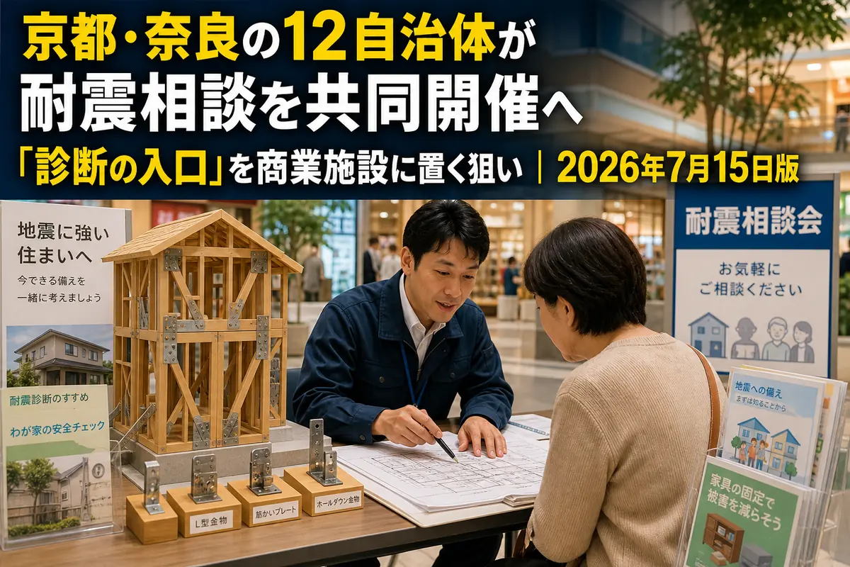 商業施設で住宅の耐震化について相談する来場者と専門家。
