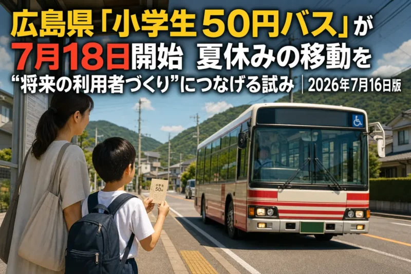 夏休みに親子が地域の路線バスへ乗り込む様子。