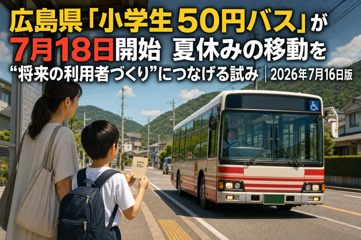 夏休みに親子が地域の路線バスへ乗り込む様子。