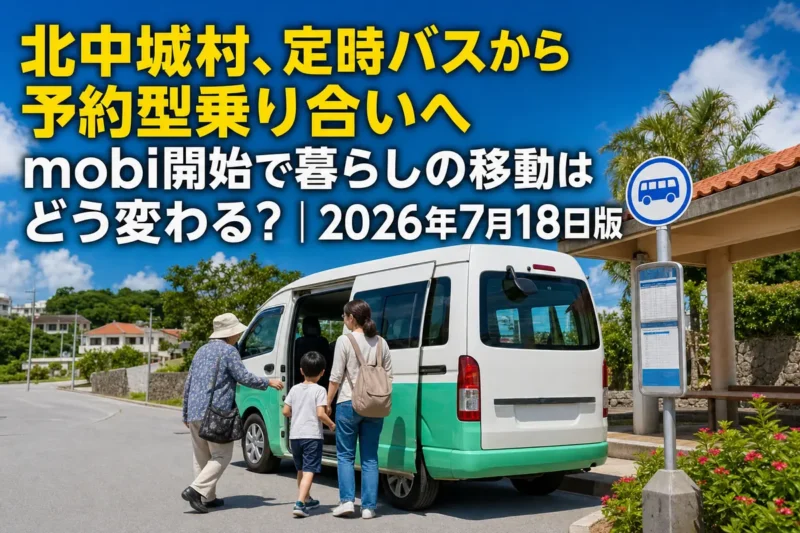 北中城村で走る予約型乗り合い交通をイメージした車両と利用者。
