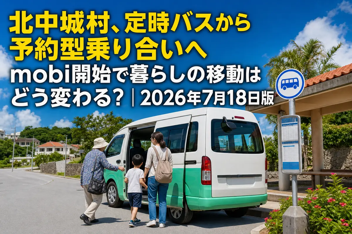 北中城村で走る予約型乗り合い交通をイメージした車両と利用者。
