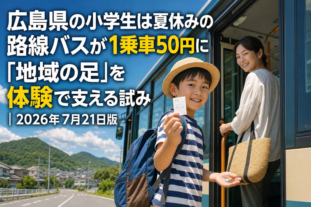 夏休みに広島県内の路線バスへ乗る小学生と保護者。