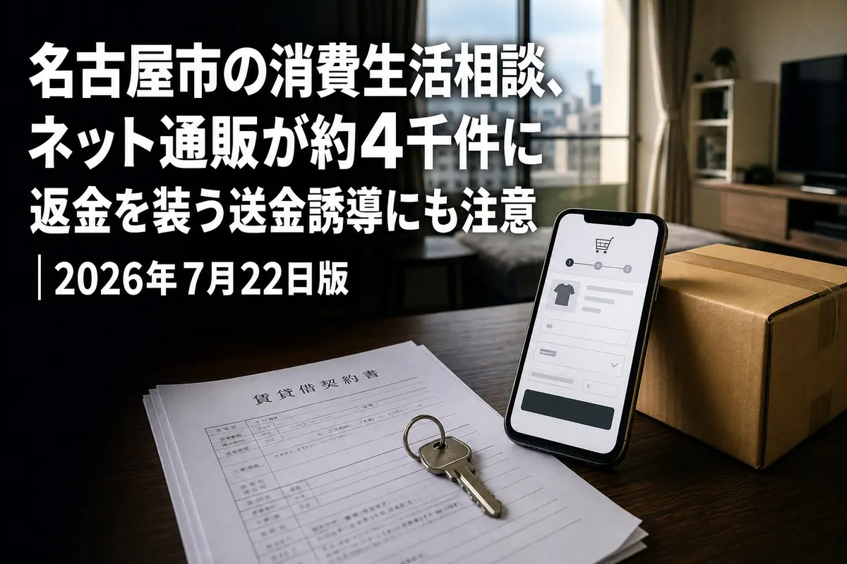 スマートフォンと荷物、賃貸契約書が並ぶ生活トラブルのイメージ。