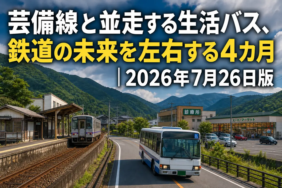 山間の地域で芸備線と並行して走る生活バスのイメージ。