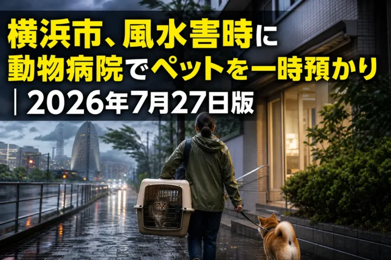 風水害に備えて犬と猫を動物病院へ連れて行く飼い主。