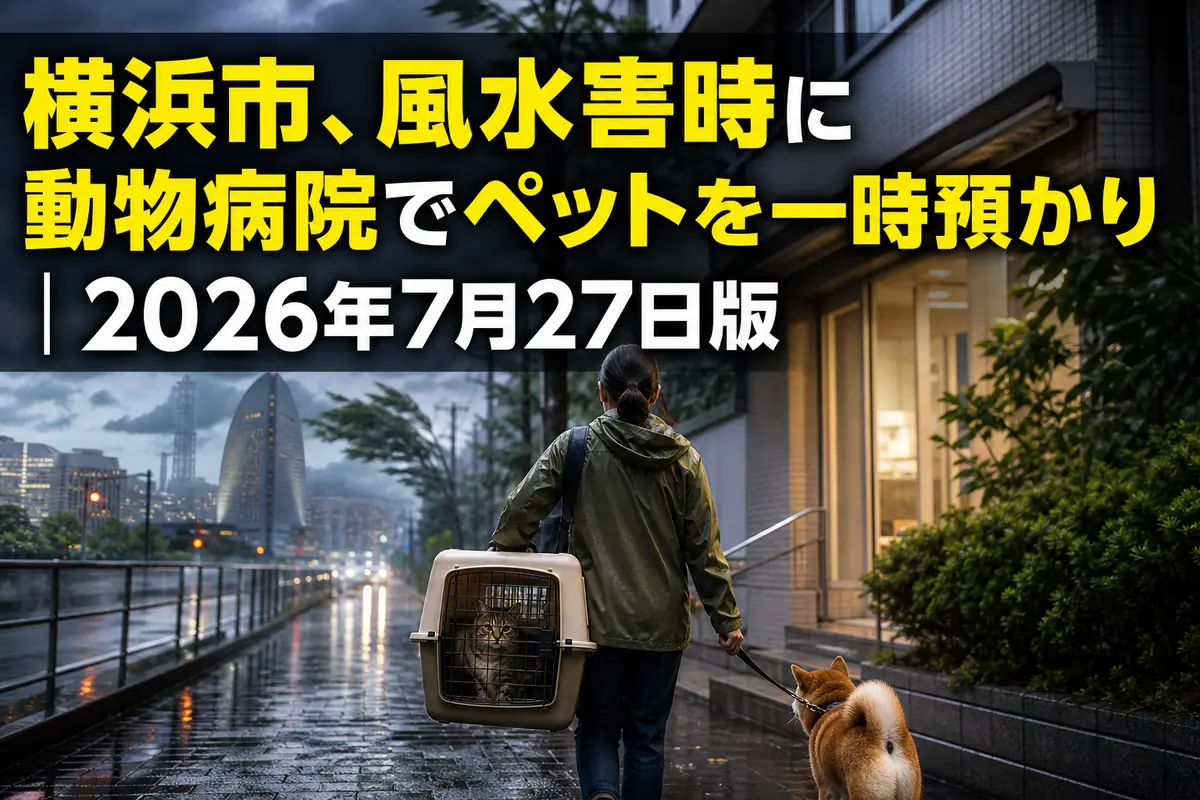 風水害に備えて犬と猫を動物病院へ連れて行く飼い主。