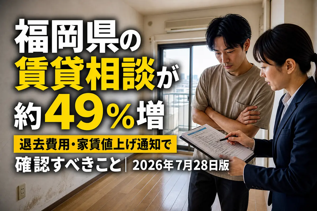賃貸住宅の退去時に書類と室内の状態を確認する様子。