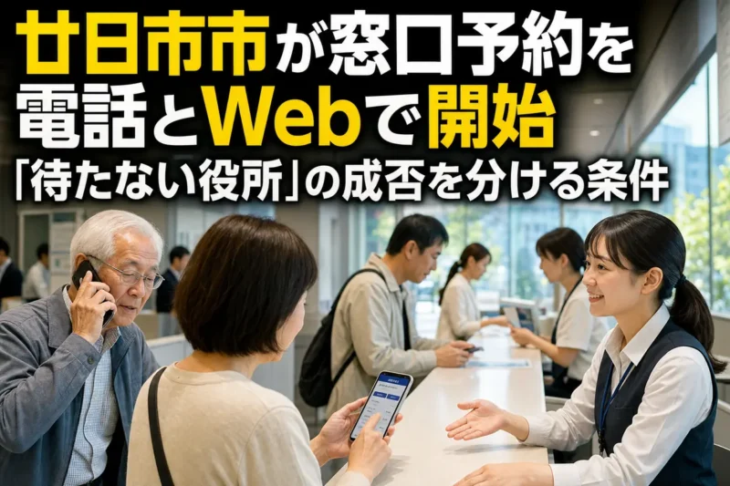 電話とWebの予約に対応する市役所窓口のイメージ。