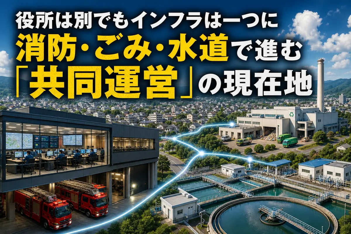 複数の自治体を結ぶ消防・ごみ処理・水道施設のイメージ。