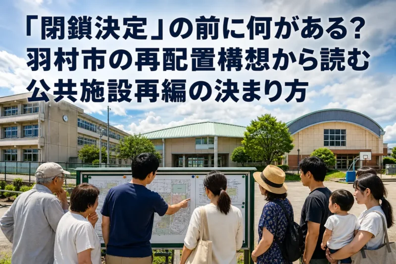 学校や公民館の再編計画を確認する地域住民のイメージ。