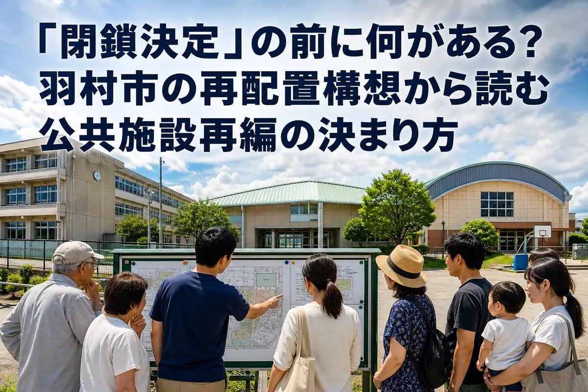学校や公民館の再編計画を確認する地域住民のイメージ。