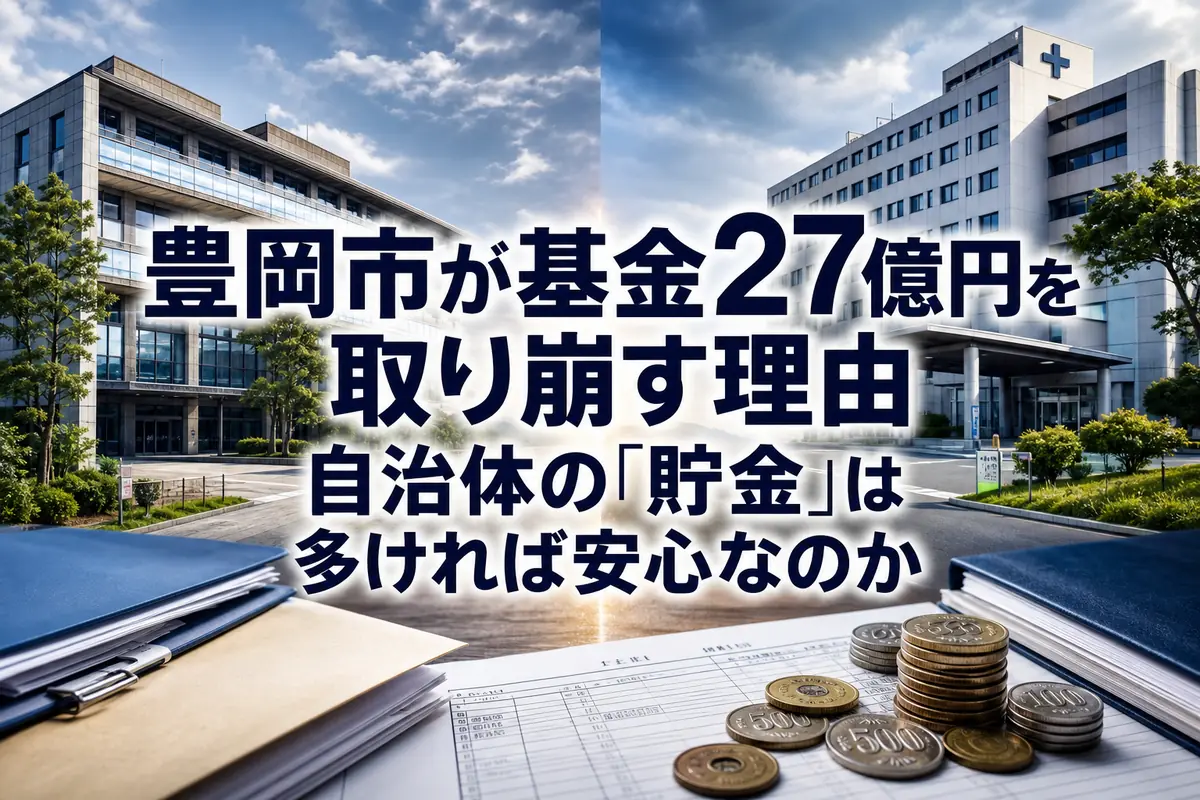 自治体庁舎と地域病院を背景に基金資料と硬貨を配置したイメージ。