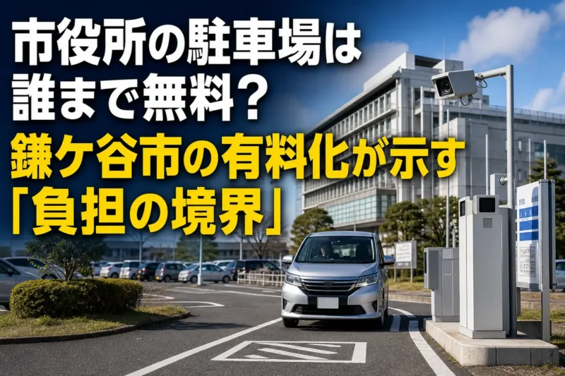 鎌ケ谷市役所の庁舎と時間貸し駐車場をイメージした風景。