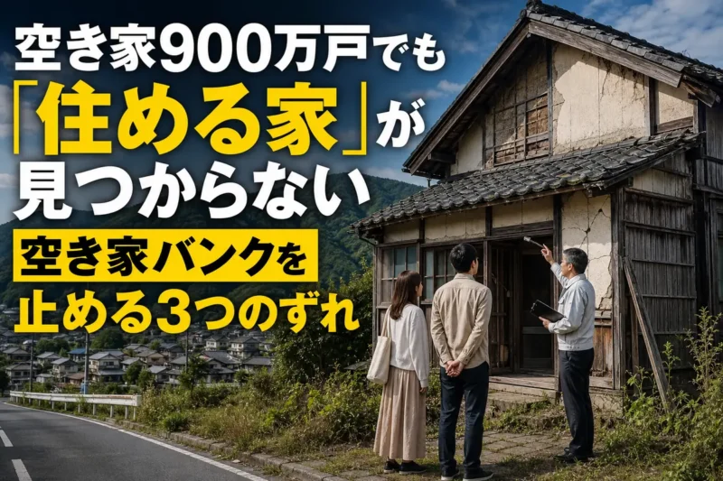 地方の空き家を自治体担当者と確認する移住希望者。