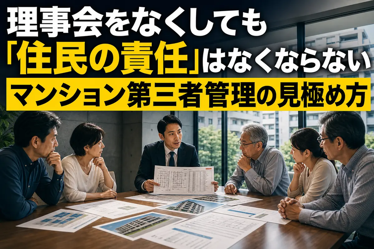 マンション住民が外部管理者と管理費や修繕計画を確認する様子。