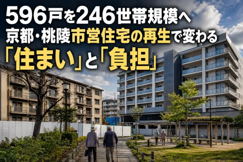 老朽化した市営住宅と再整備後の住棟を行き交う住民のイメージ。