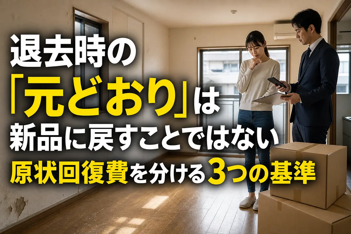 賃貸住宅の退去時に室内の傷や汚れを確認する様子。