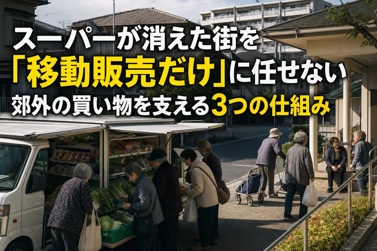 郊外住宅地の集会所前で移動スーパーを利用する住民たち。