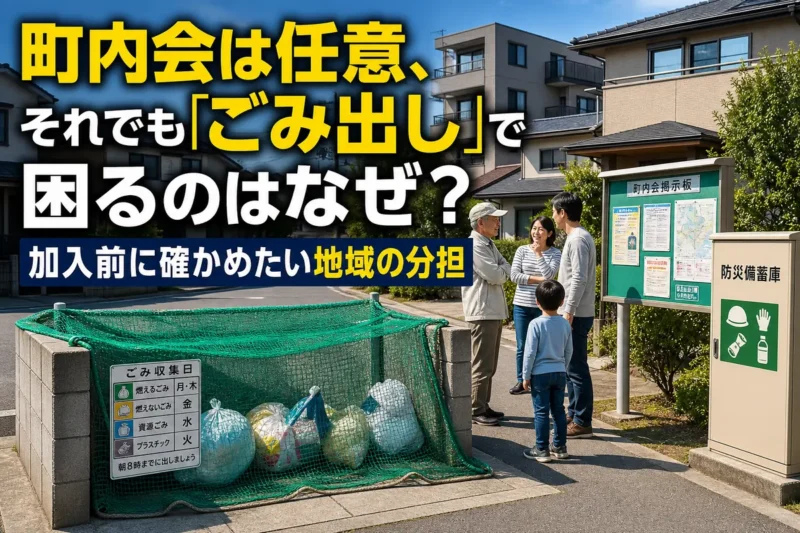 住宅街のごみ集積所と地域防災設備を住民が確認している様子。