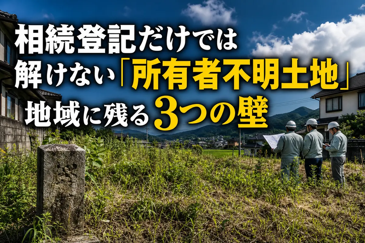 草が茂る土地の境界を確認する自治体の調査担当者。