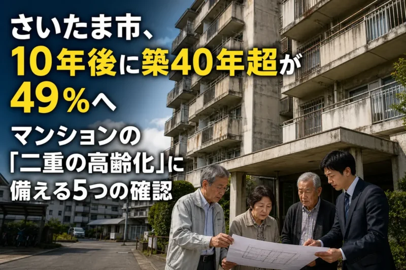 高経年マンションの前で管理計画を確認する住民と担当者。