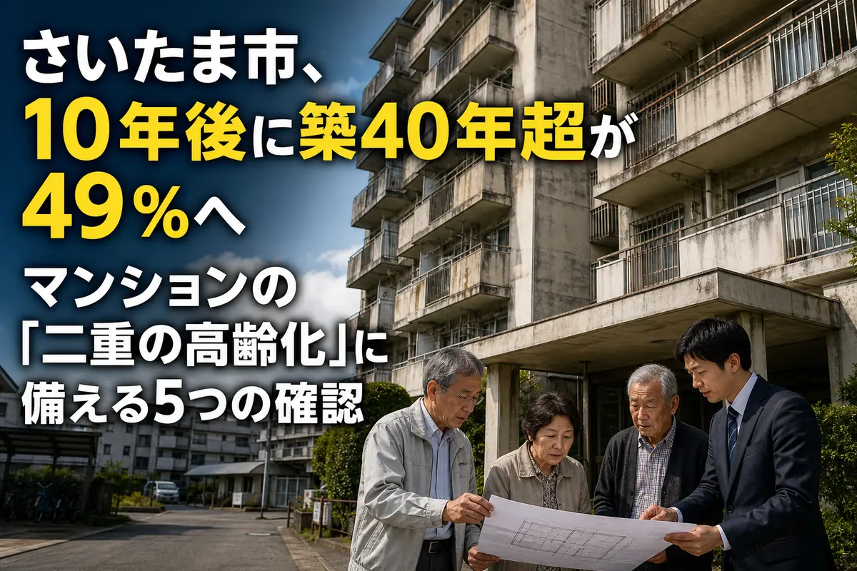 高経年マンションの前で管理計画を確認する住民と担当者。
