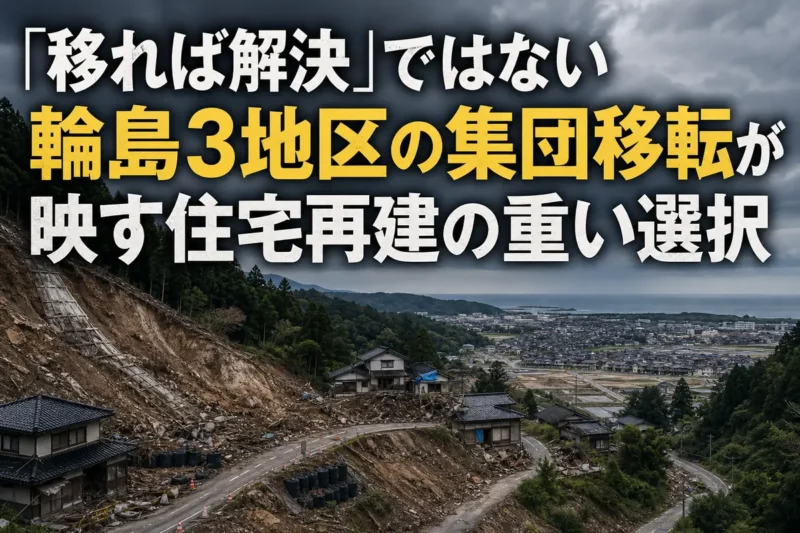 被災した山間集落と移転先となる市街地を対比したイメージ。