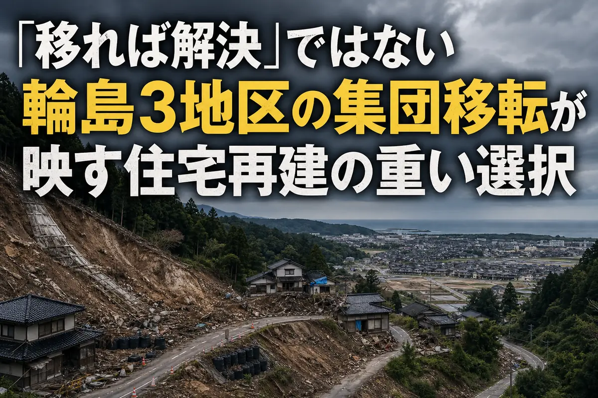 被災した山間集落と移転先となる市街地を対比したイメージ。