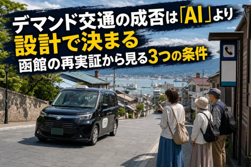 函館の坂道がある住宅地を走る乗合タクシーのイメージ。