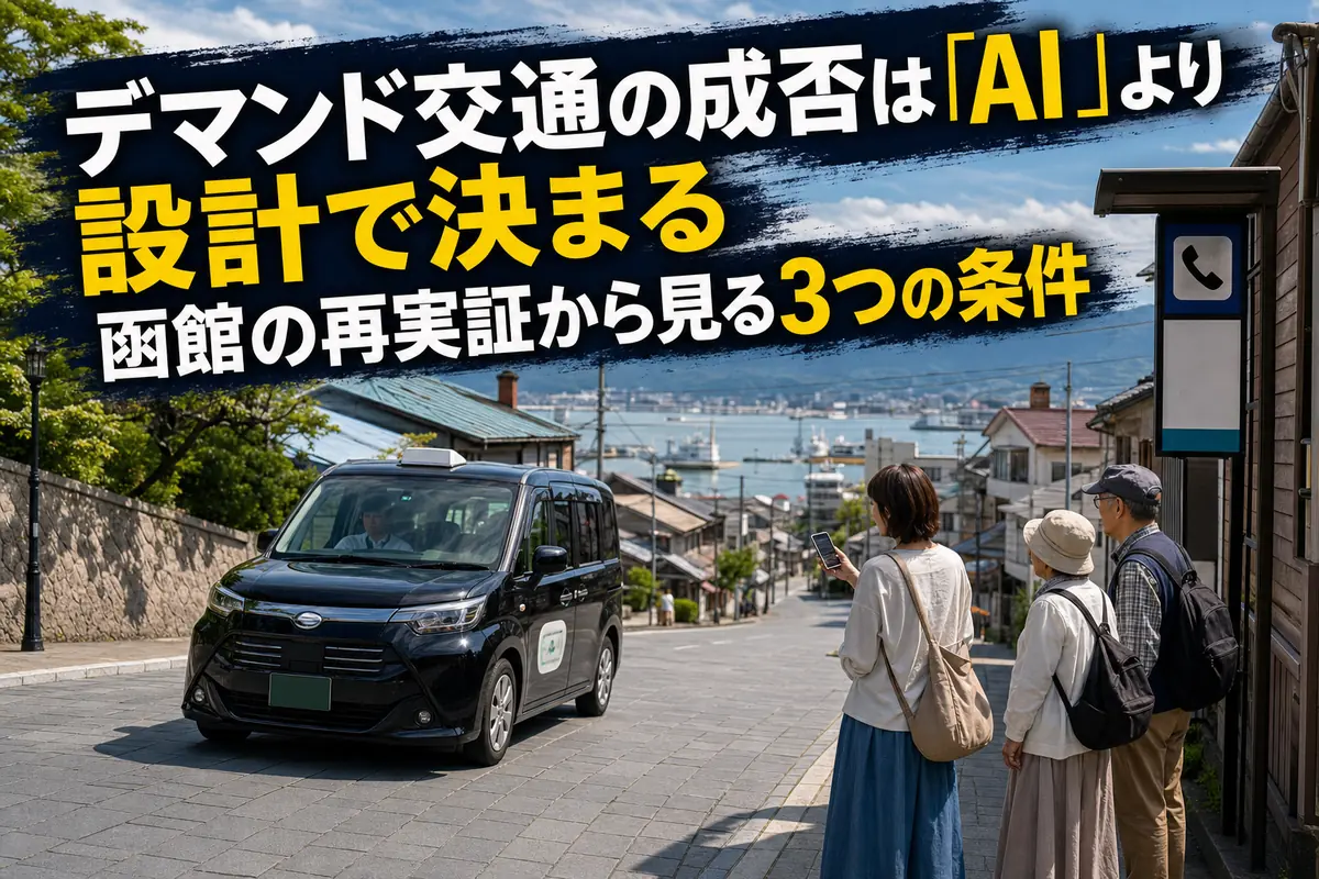 函館の坂道がある住宅地を走る乗合タクシーのイメージ。