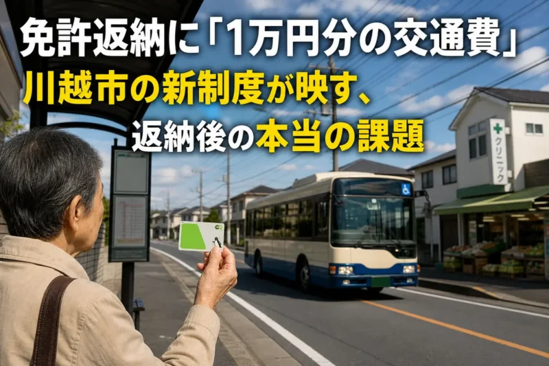 交通系ICカードを手に地域のバスを待つ高齢者。