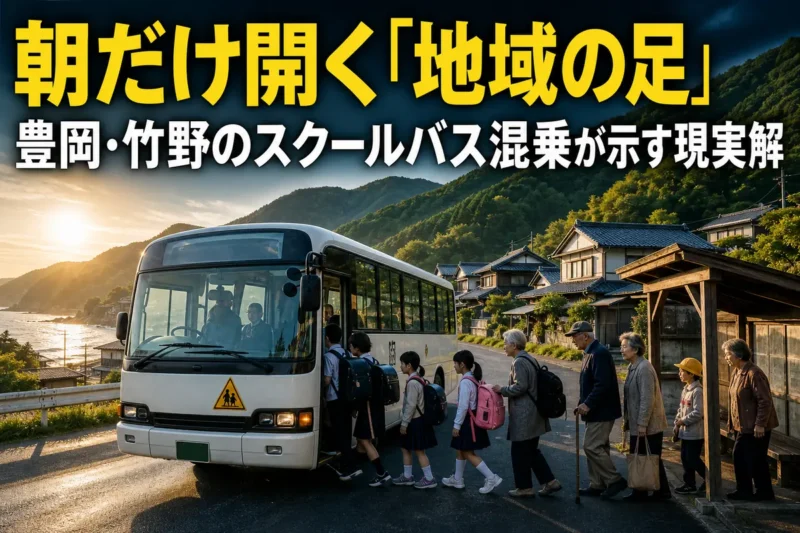 竹野地域の停留所で児童と住民がスクールバスに乗る様子。