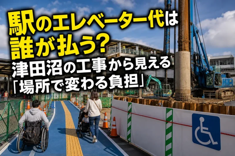 JR津田沼駅北口を想起させる駅前広場で進むエレベーター整備のイメージ。