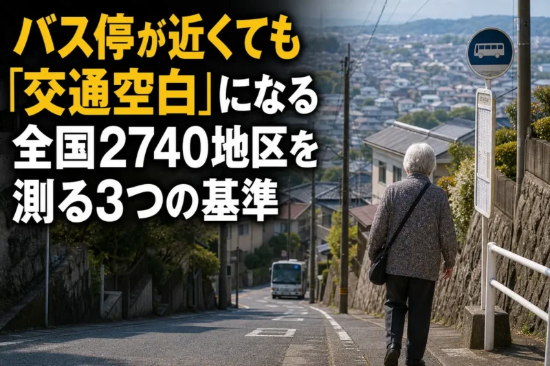 坂道の先にあるバス停へ向かう住民と地域バス。