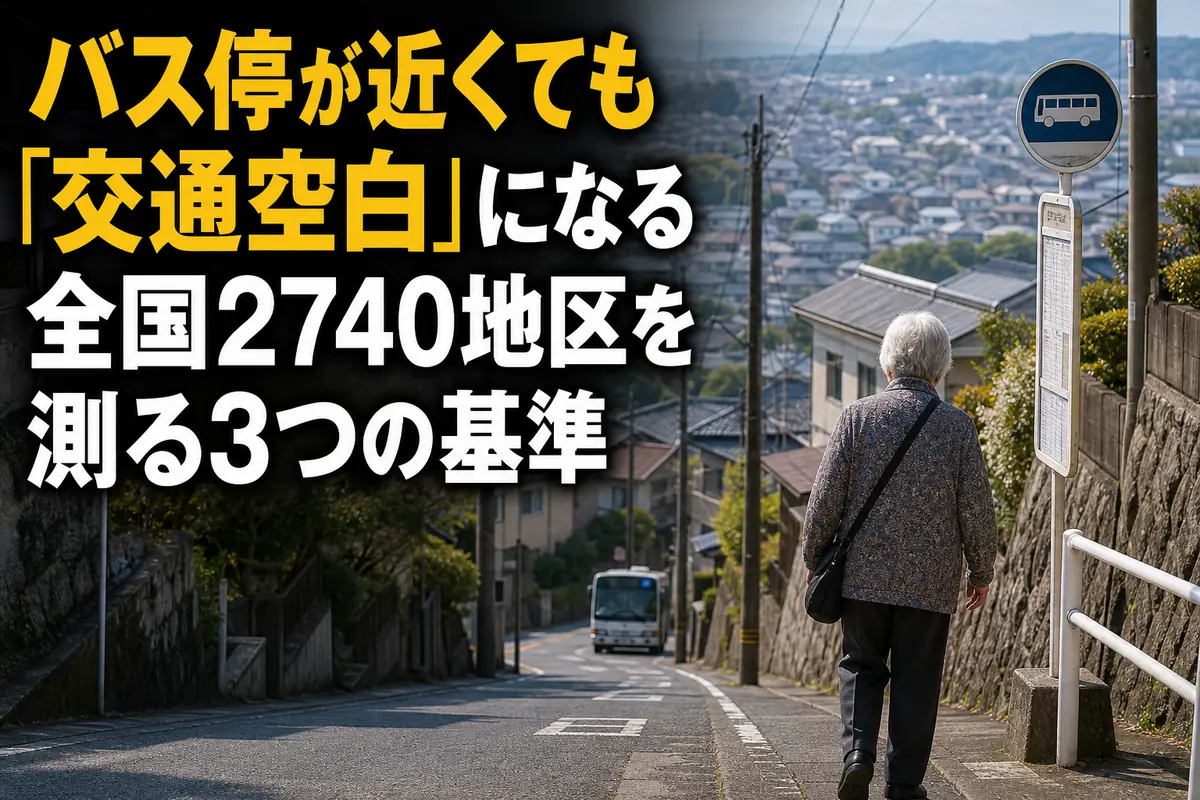 坂道の先にあるバス停へ向かう住民と地域バス。