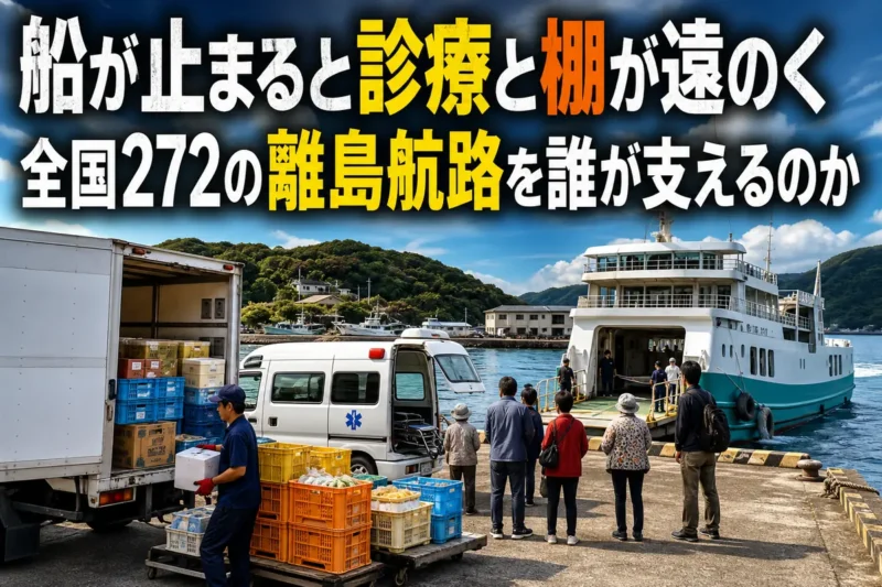 離島の港に到着し、住民と生活物資を運ぶフェリー。