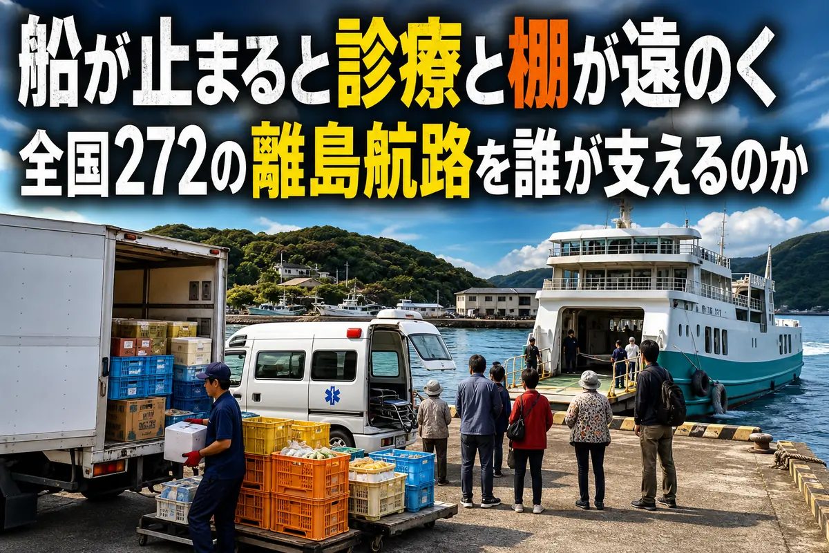 離島の港に到着し、住民と生活物資を運ぶフェリー。
