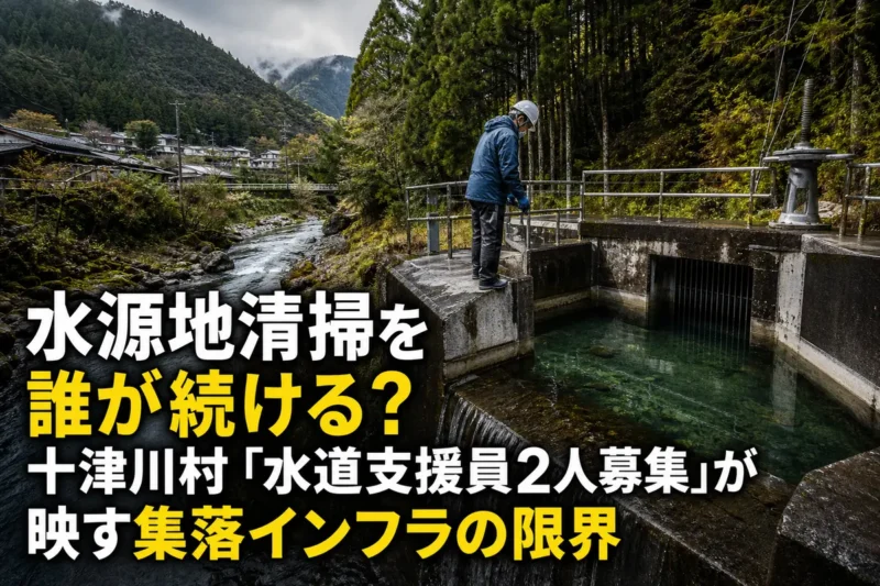 山間の水源施設を点検する作業員。