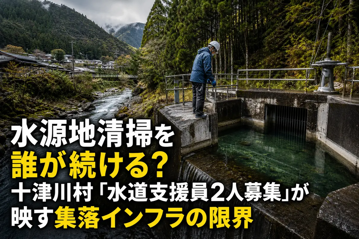 山間の水源施設を点検する作業員。